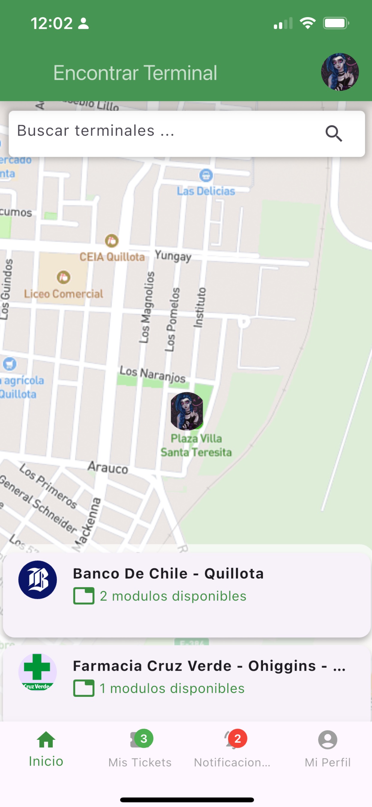 Kiubee permite buscar terminales en el mapa y ver lugares cercanos.