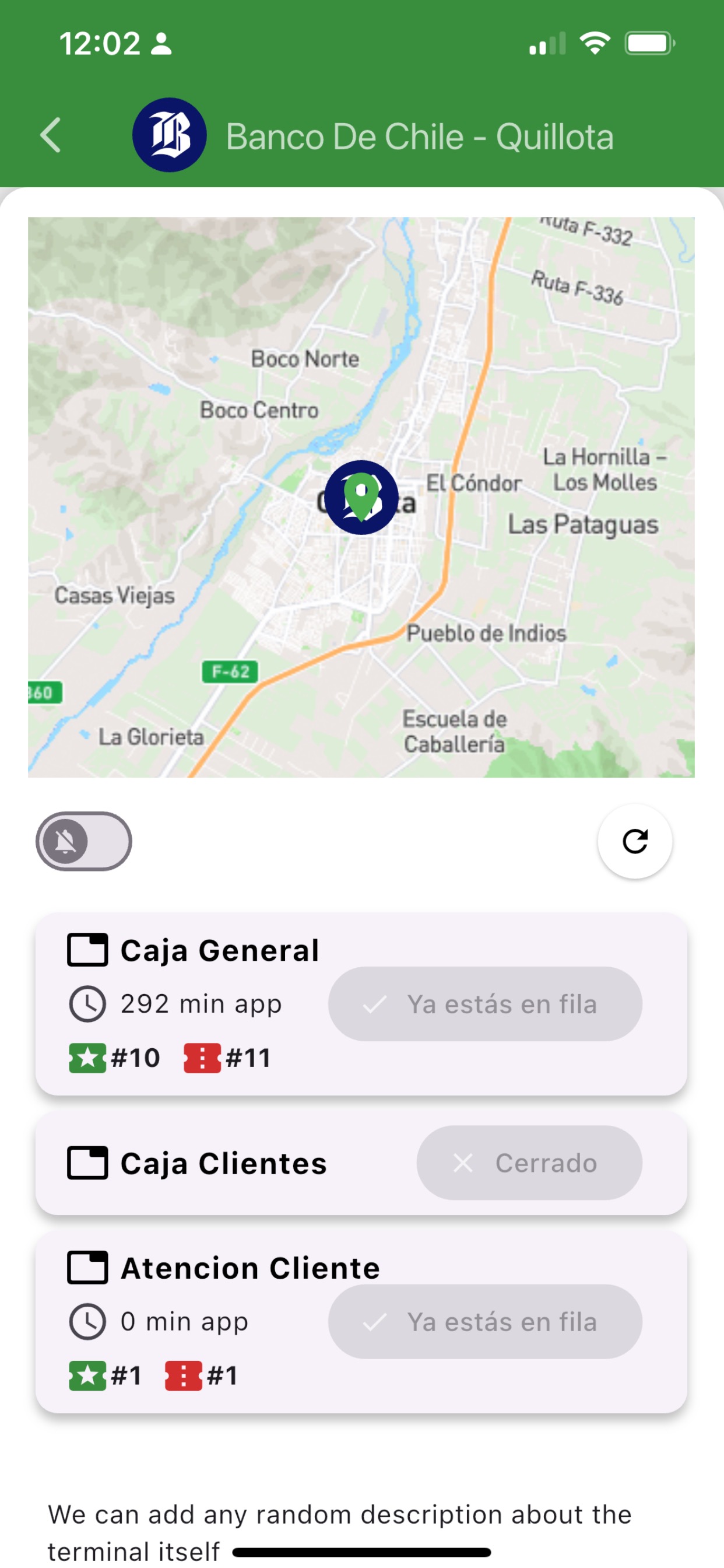 Detalle de un terminal con mapa, módulos de atención y estado de sus filas.