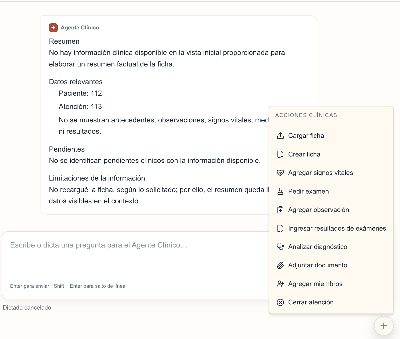 Menú de acciones de Lanuaria para preparar registros, agregar signos vitales y adjuntar documentos.