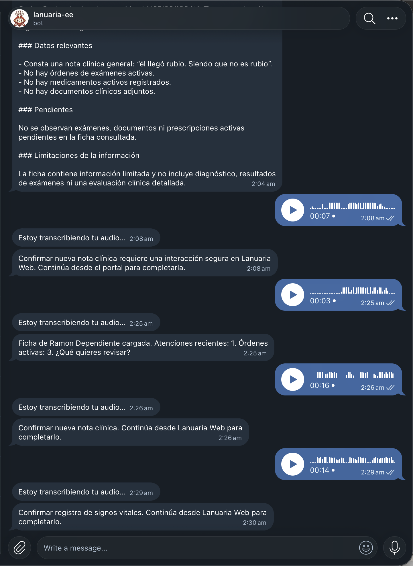 Conversación en Telegram con mensajes de voz, respuestas de transcripción e indicaciones para confirmar registros en Lanuaria Web.